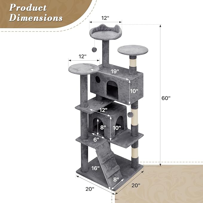 Athena Collection Cat Tree, 62 Inch Cat Tree Tower for Indoor Cats, Multi-Level Cat Tower House Activity Center with 2 Cat Condo & Scratching Post & Dangling Ball, Tall Cat Climbing Tower, Darkgray