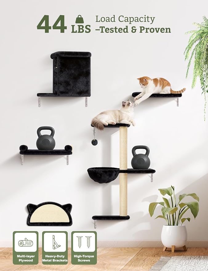 5-in-1 Cat Wall Shelves, Solid Wood & Velvet & Sisal Scratcher, 44lbs Max Load, Wall Mounted Cat Furniture for Climbers, Cat Climbing Wall System, Fits Drywall & Solid Walls - Black