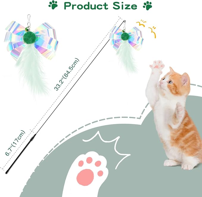 Pawaboo Feather Teaser Cat Toy, Interactive Feather Wand Cats Toy Flying Feathers Cat Catcher with Extra Long 34.5" Wand and Small Bell, Exerciser Playing Toys for Kitten or Cats, Green Butterfly
