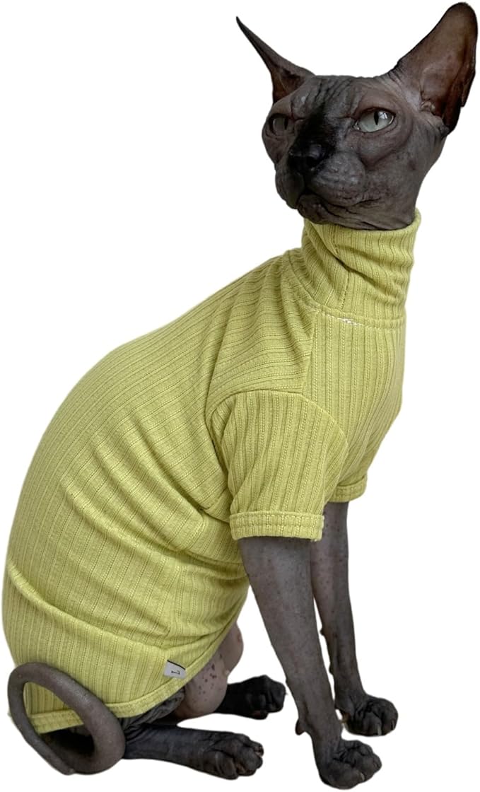 Sphynx Cats Shirt Cat Turtleneck Cotton Sweater Pullover Kitten T-Shirts with Sleeves Cat Pajamas Jumpsuit for Sphynx Cornish Rex, Devon Rex, Peterbald (Large (Pack of 1), Green Yellow)