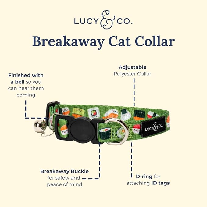 Lucy & Co. How I Roll Breakaway Cat Collar with Bell – Designer Print Adjustable Safety Collar for Cats, Kittens & Small Dogs, Lightweight Pet Collar for Boy & Girl Cats – Large