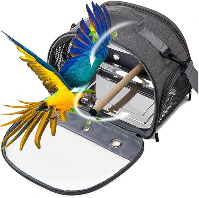 Bird Travel Carrier with Stainless Steel Tray,Lightweight Breathable Parrot Cage with Removable Wooden Stand Stick and Long Shoulder Strap,Bird Cages for Parakeets Budgie