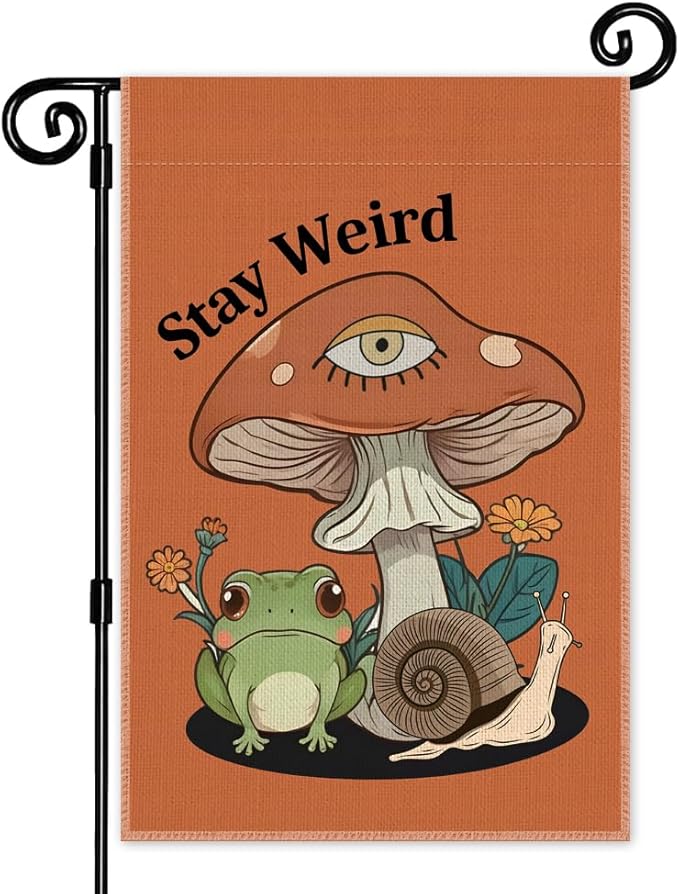 Stay Weird Garden Flag, Funny Frog Mushrooms Summer Yard Flag for Outside, Double Sided Yard Outdoor Farmhouse Lawn Porch Garden Banner, Housewarming Gifts for Frog Lover Friend Family Neighbor