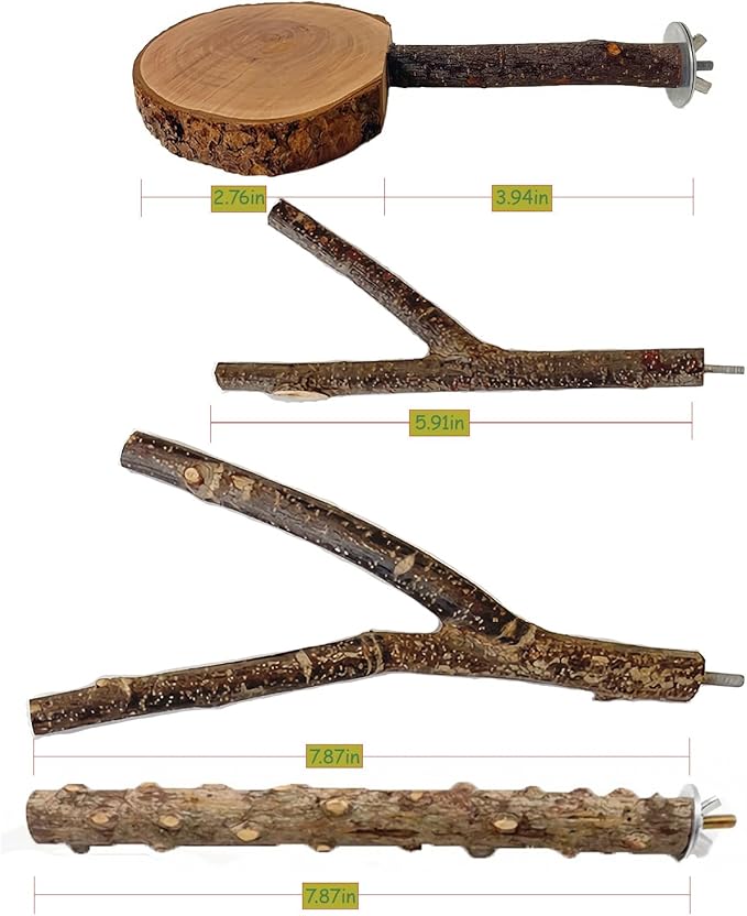 4 Pack Bird Perches for Cage with Natural Wood, ROOJUNE Bird Cage Accessories Bird Perch Platform for Small Medium Parakeets Parrots Conures Cockatiels Finches Lovebirds