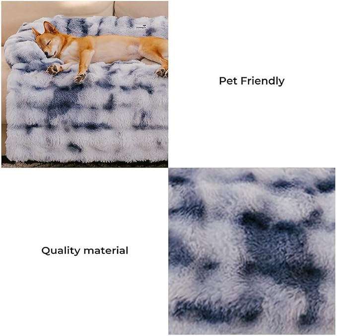 FUNNY FUZZY Pet Fluffy Fuzzy Calming Dog Couch Bed Sofa Protector Washable Pets Mat for Large Medium Small Dogs and Cats (Tie-dye Blue, 37"×31"×5.5")
