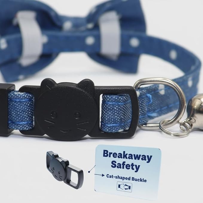 THAIN Cat Collar Breakaway with Bell and Bow Tie Safety Buckle Denim Dots Adjustable 7-11 inches for Kitten Cats(Denim Dots)