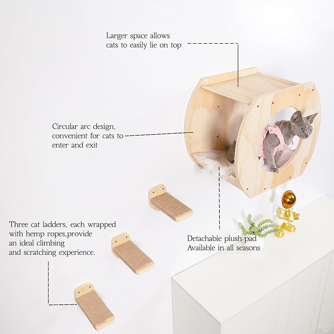 Cat Shelves - 3 Steps, Wall Climbing Shelf with Plush Covered Bed, Large Cats Set