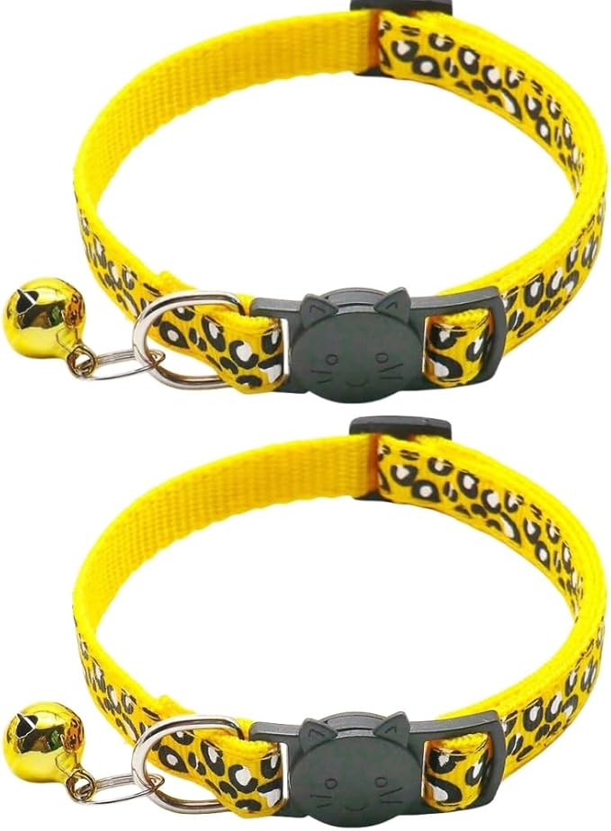 Reflective 2 Pack Breakaway Cat Collars with Bell Leopard Pattern Cute Kitty Adjustable 7.5-12.5 Inch Safe Kitten Collars Charms (Yellow)