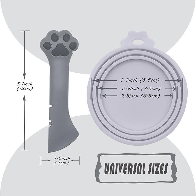Pet Food Can Spoon & 3 Pcs Can Covers | Cute Paw Shape Opener Spatula Cat Wet Food Spoon | Universal BPA Free Silicone Lids for Dog Cat Cans(Grey)