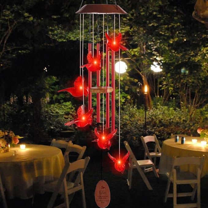 Solar Cardinal Wind Chimes Outdoor Solar Lights Cardinal Red Bird Windchimes Waterproof Hanging Decorations for Garden Patio,Gifts for Women Birthday Thanksgiving Party