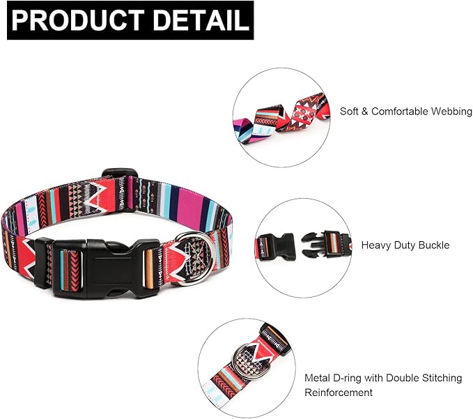 Mercano Adjustable Dog Collar - Special Design Patterns, Soft Nylon Comfortable Durable Pet Collar for Small Medium Large Dogs (L, Tribal Pink)