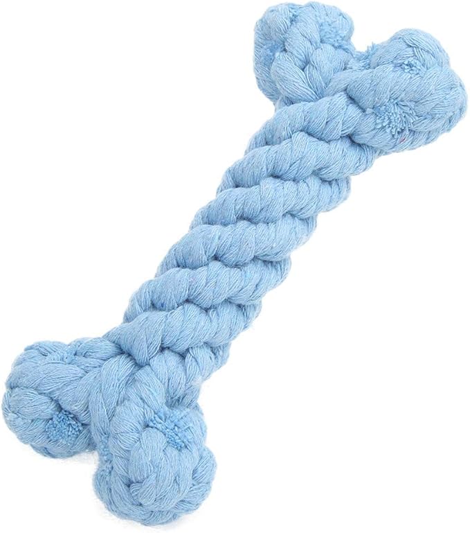 Pet Cotton Rope Biting Chewing Molar Toy, Cartoon Animal Shape & Pure Manual Weaving, Dog Rope Toys with Strong and Hard, Grind and Clean Teeth, Relieve Pressure (Blue Bones)