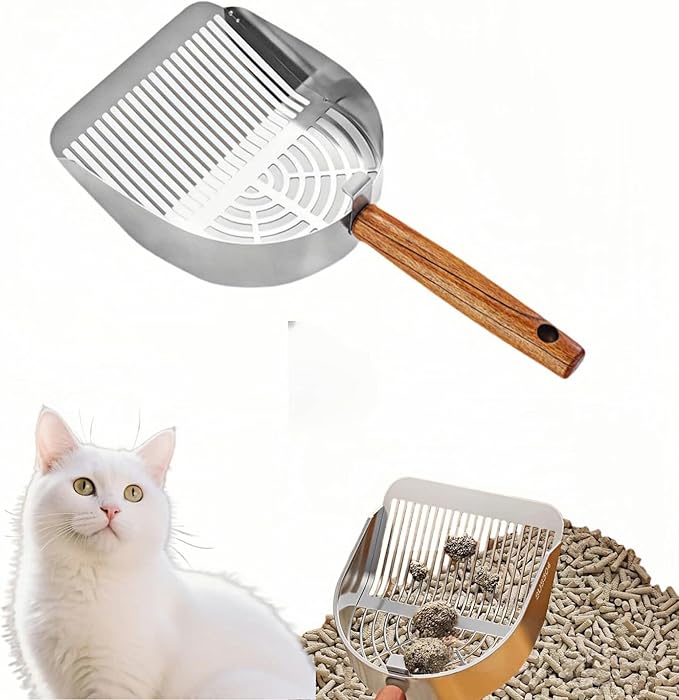 Premium Stainless Steel Cat Litter Scoop-Triple Guard Walls&Non-Stick Design,Silver,Flat Shovel Head Design Solid Deep Edge Wood Handle,Dual Hooks 1Pack,6.1x5.3inch (Silver long strip) (Silver)