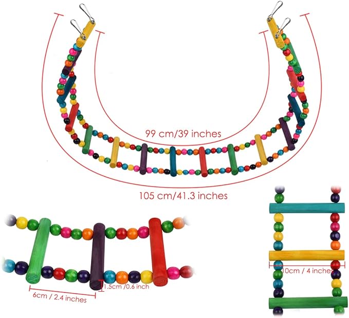 DS. DISTINCTIVE STYLE Bird Ladder Toys Coloured Flexible Parrot Swing Bridge Wooden Cockatiel Cage Hanging Climbing Ladder (39 in (16 Steps))