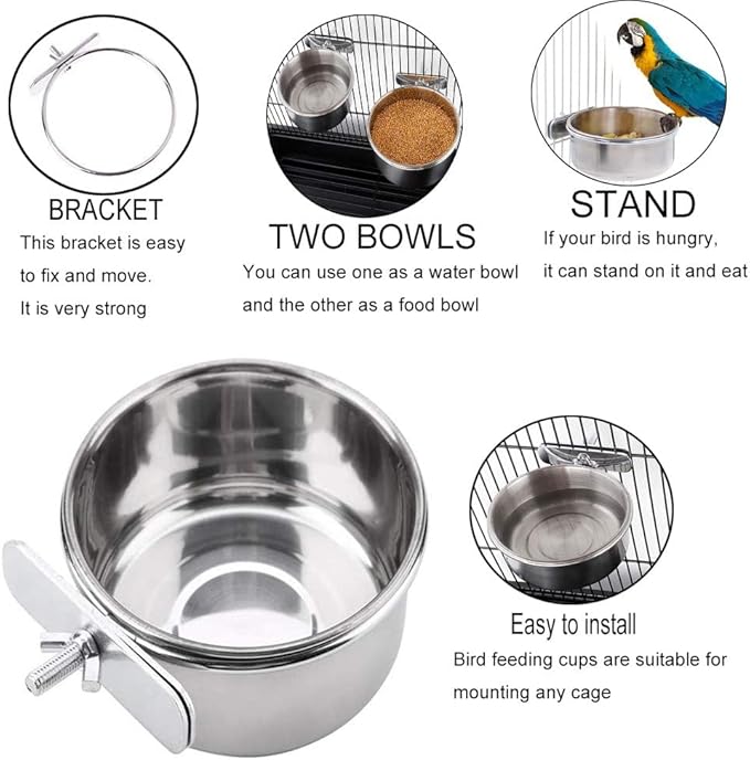PINVNBY Parrot Feeding Cups Birds Food Dish Stainless Steel Parrot Feeders Water Cage Bowls with Clamp Holder for Cockatiel Conure Parakeet Macaw Small Animal (2PCS, Size: M)
