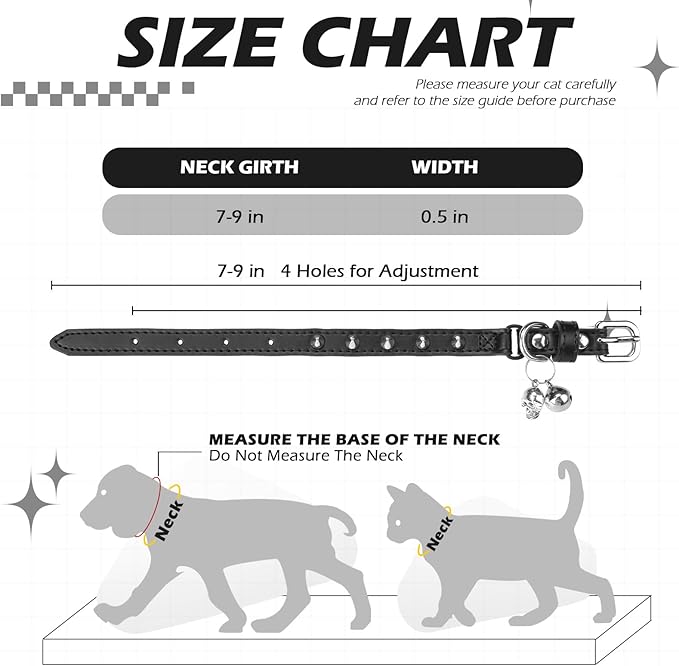 EXPAWLORER Leather Cat Collar for Girl Boy- Adjustable Pet Collar with Safety Elastic Belt,Personalized Punk Accessories Buckle Collars with Bell & Durable D-Ring,Pure Rivets(Black)