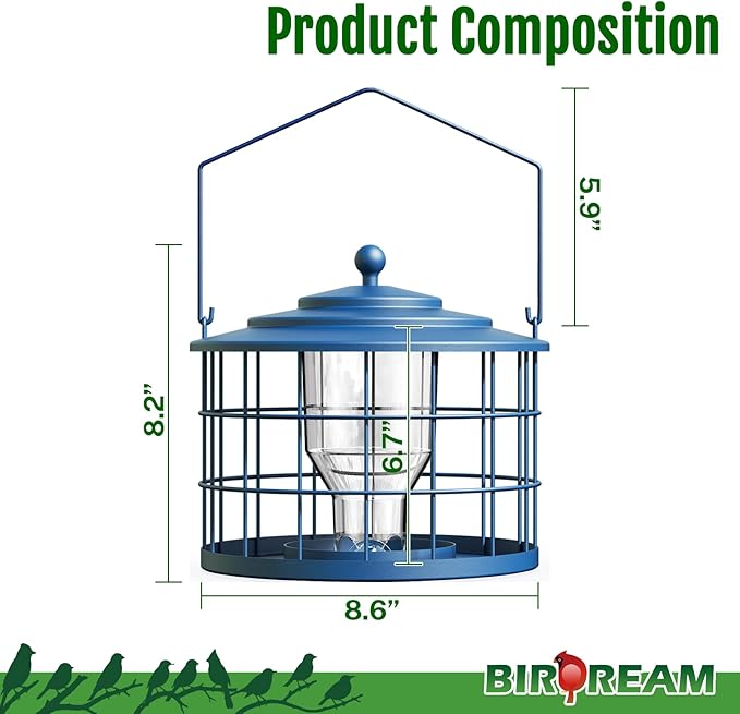 Squirrel Proof Bird Feeder, Metal Cage Bird Feeder for Outdoors Hanging, Starling Resistant Design for Small Birds, Weatherproof with Drain Holes, Easy to Refill, Blue