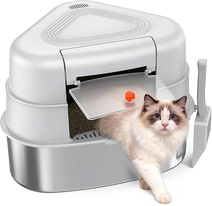 XL Stainless Steel Corner Cat Litter Box with Lid - Sturdy, No Odor & Space-Saving Hidden Design for Large Cats, Grey