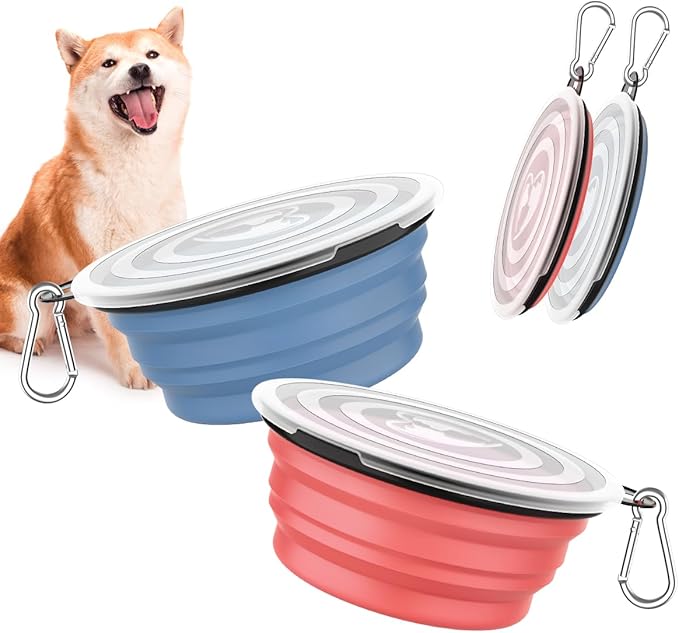 Pawaboo Collapsible Dog Bowls 2 Pack, Silicone Feeding Watering Bowls with Lids & Carabiners for Dogs Cats, Portable Water Feeder Food Bowl for Walking Traveling Home Use, 1000ml, Light Pink + Blue