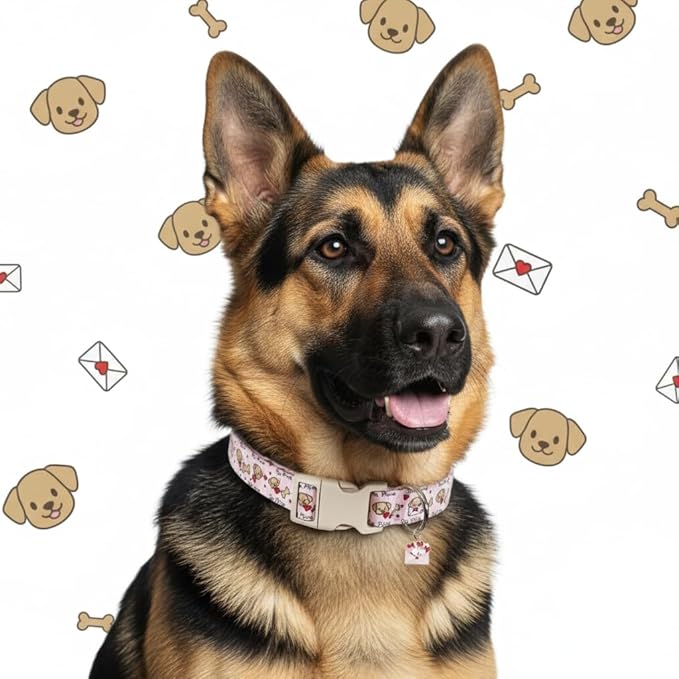 Pink Dog Collar, Girl Dog Collar with Cute Dogs and Hearts, Cute Spring Summer Food Collar with Soft & Breathable Fabric, Adjustable Pet Collar for Small Dogs