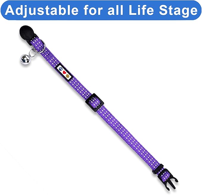Pawtitas Reflective Purple Cat Collar with Safety Buckle and Removable Bell for Kitten and Cats