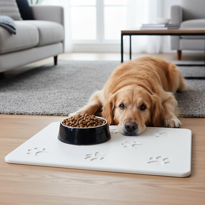 White Diatomaceous Earth Dog Bowl Mat (16x12 in) | Non-Slip Pet Food & Water Mat | Square Design with Cute Paw Prints for Medium Dogs, Quick Dry & Easy to Clean