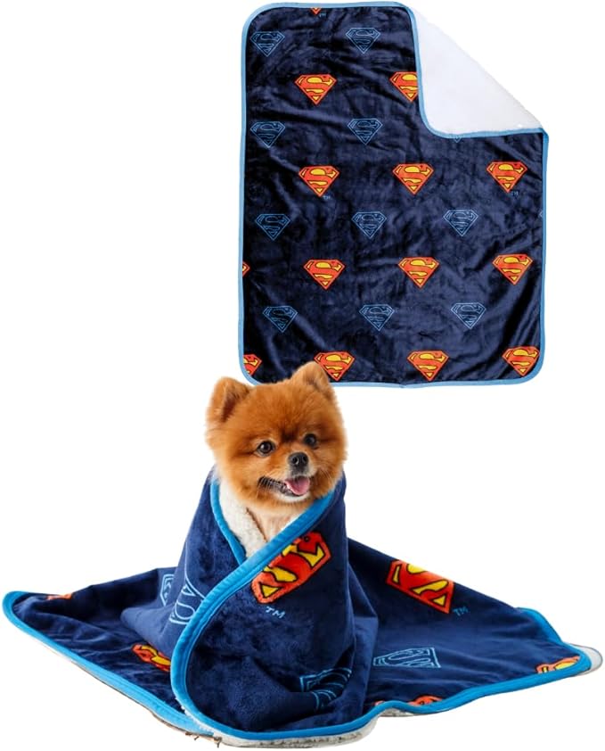 Franco Pet Superman DC Comics Super Soft Cozy Waterproof Sherpa-Backed Blanket Throw for Small Dogs, Couch/Bed/Car, 30x40 (Officially Licensed Product)