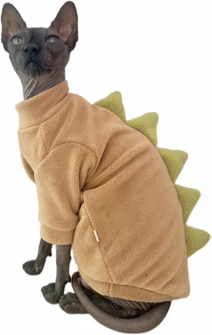 Dinosaur Sphynx Cat Clothes, Soft Polar Fleece Sweater for Cat, Elastic Pet Clothes Thick Winter Warm Outfit for Hairless Cat, Devon, Cornish, Small Dogs Apparel with Sleeves (Khaki, Small)