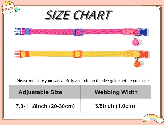 Elastic Cat Collar 2 Pack of Safety Quick Release Cat Collars with Bell Anti-Suffocation Kitten Puppy Collars(Yellow+Hot Pink)