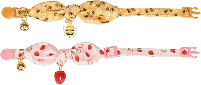 2 Pack Cotton Cat Collar, Removable Bowtie, Floral Pattern, Safety Breakaway Clasp, Adjustable for Cats.(Adult Cat, Bee+Strawberry)