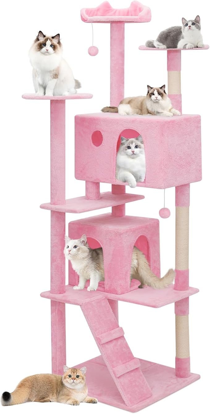Athena Collection Cat Tree, 77 Inch Cat Tower for Indoor Cats, Multi-Level Cat Tree Tower Activity Center with 2 Cat Condo & Cat Scratching Post & Dangling Ball, Tall Cat Tree, Soft Pink