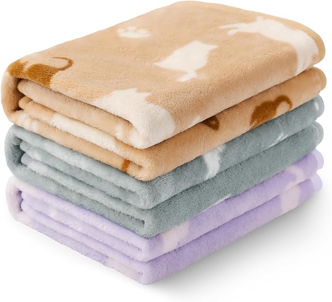 Luciphia 1 Pack 3 Cat Printed Fleece Pet Blankets Washable，Soft Warm Throw Covers for Crate Couch Bed，Cozy Puppy Essentials for Dogs and Cats，Purple/Grey/Khaki, Medium (30x20)