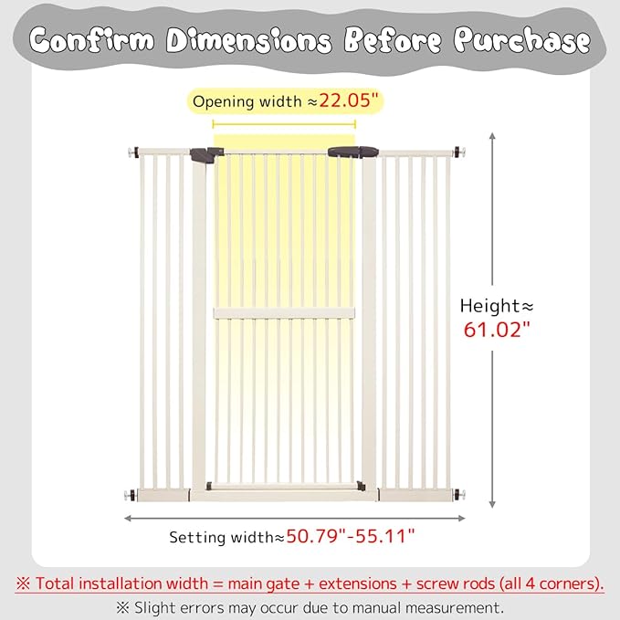 Lumizone Extra Tall Cat Gate 61.02" High Pressure Mounted Extra Wide 50.79"-55.11" (17Sizes) 1.37" Gap No Drilling Auto-Close Tall Pet Gate for Dogs (Cream, 50.79"-55.11" W)