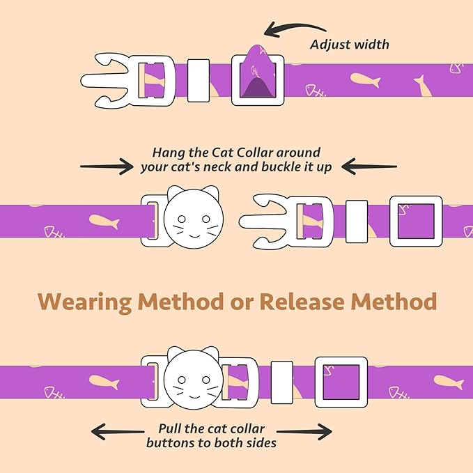 2 Pack Cotton Breakaway Cat Collar Orange and Purple Fish Pendant Cute Kitten Cat Collar with Bell
