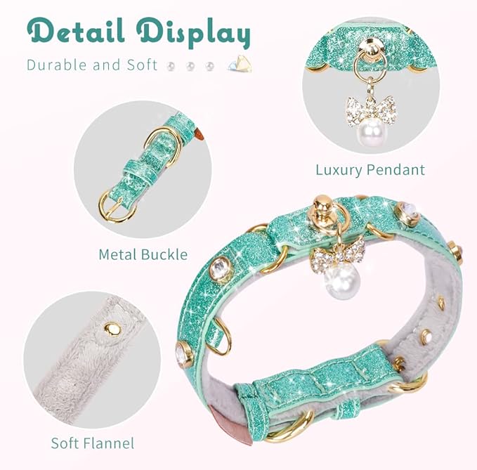 PetsHome Cat Collar, Dog Collar, [Bling Rhinestones] PU Leather Adjustable Pet Collar with Luxury Pendant for Cat and Small Dog Extra Small Mint Green