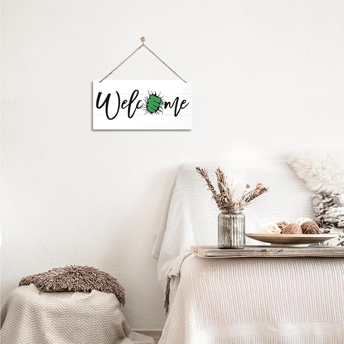 Welcome Sign for Front Door, Welcome Decor Wooden Hanging Sign for Wall Decor, Fist pattern Wall Hanging Signs, Funny Wooden Outdoor Front Door Decoration 13.8X6.9 inches