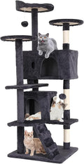 Large Cat Tree with Scratching Post, 54in, Wooden Frame, Sisal Ropes, 3 Platforms, 2 Hanging Balls, 2 Cushions, Light Gray