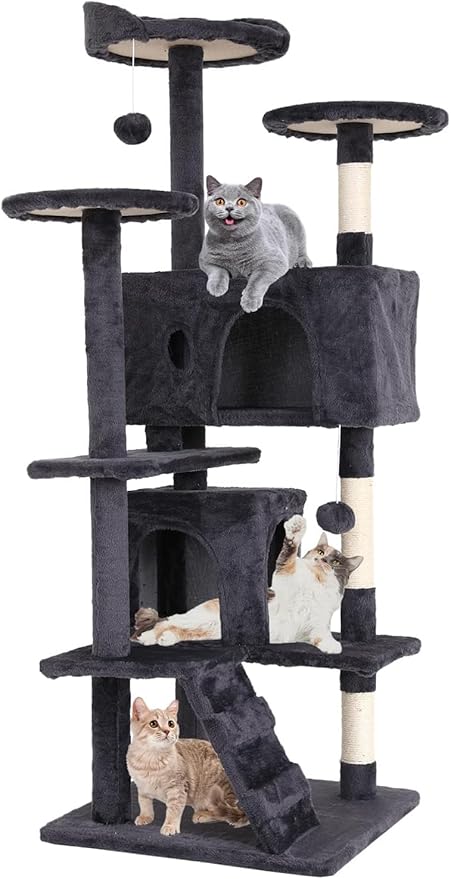 Large Cat Tree with Scratching Post, 54in, Wooden Frame, Sisal Ropes, 3 Platforms, 2 Hanging Balls, 2 Cushions, Light Gray