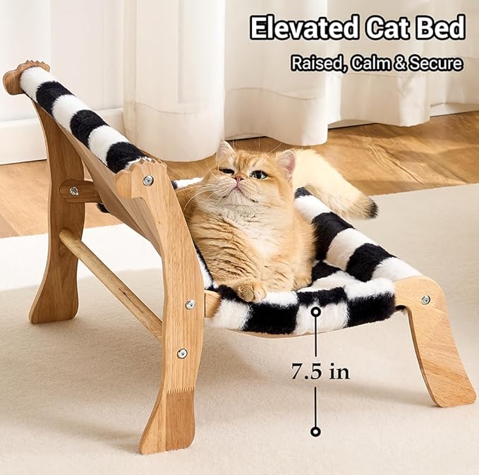 Solid Wood Cat Couch Bed for Indoor Cats, Modern Cat Sofa with Ultra-Soft Plush Surface Washable, Reclined Backrest, Elevated Plush Cat Lounge for Small to Adult Cats, Black & White