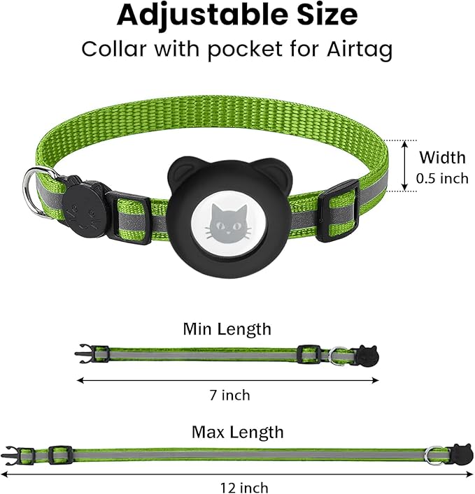 Cat Collar with AirTag Holders, 3-Pack, Reflective Breakaway Safety Collars, Bells and Matching Charms, Adjustable, Paw Hearts, Moon Stars Design, Lucky Charm, Red, Blue, Black (Green)