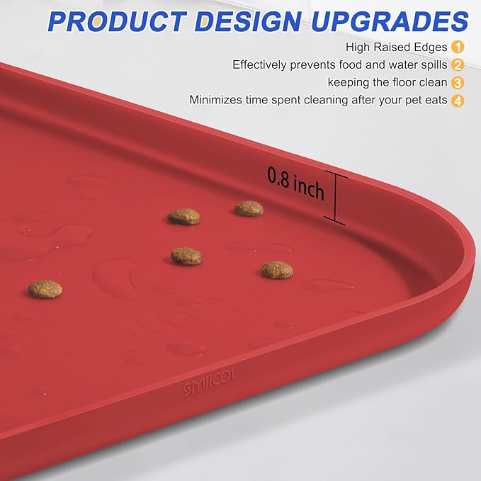 Silicone Pet Feeding Mat with Raised Edge for Food and Water, Dog Bowl Mats, Cat Bowls Placemat with High Lip for Floor Waterproof, Rubber Tray for Cats and Dogs 24 x 16 x0.8 Red