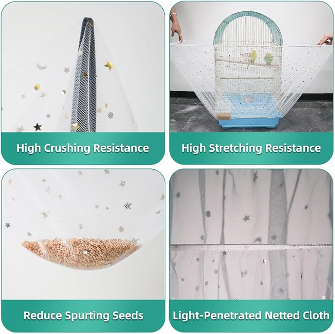 Large Bird Cage Cover, Bird Cage Seed Catcher, Adjustable Soft Airy Nylon Mesh Net, Birdcage Cover Skirt Seed Guard for Parrot Parakeet Macaw African (Star-White, 15.7" x118")