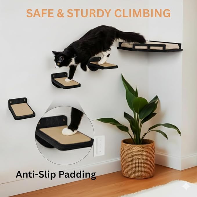INICIO Cat Wall Shelves - Safe and Sturdy Cat Wall Furniture - Stylish Natural Wood Corner Shelf with 3 Steps for Cats up to 15lbs - Cushioned Perch and Stairs for Climbing and Playing - Black
