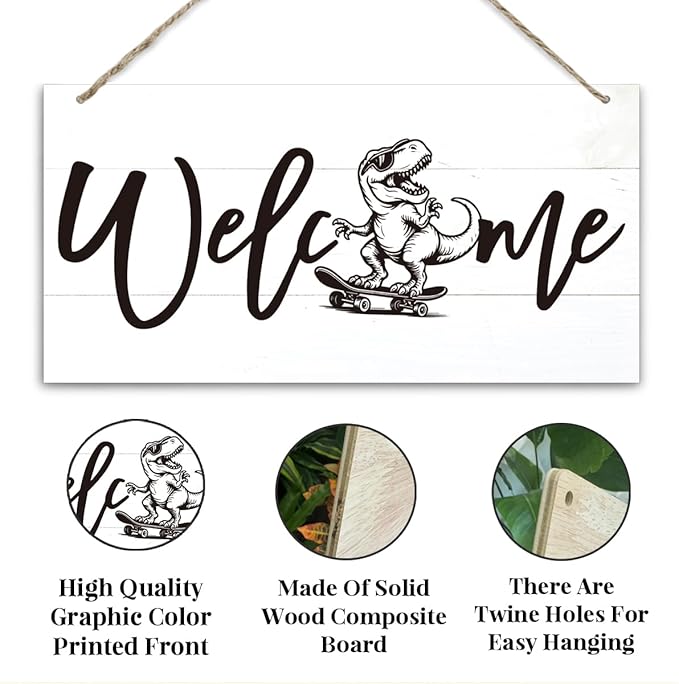 Welcome Sign for Front Door, Welcome Decor Wooden Hanging Sign, Fun and Trendy Dinosaur Wall Hanging Decor, Funny Wooden Outdoor Front Door Decoration 13.8X6.9 inches
