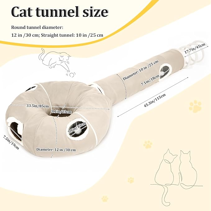 Ownpets 2-in-1 Cat Tunnel, Large Lollipop Shape Cat Tunnel Toy with Fluffy Balls, Spiral Toy, Plush Collapsible Cat Cave Hideout Donut Tunnel for Multi Kitten Puppy Rabbit (Beige)