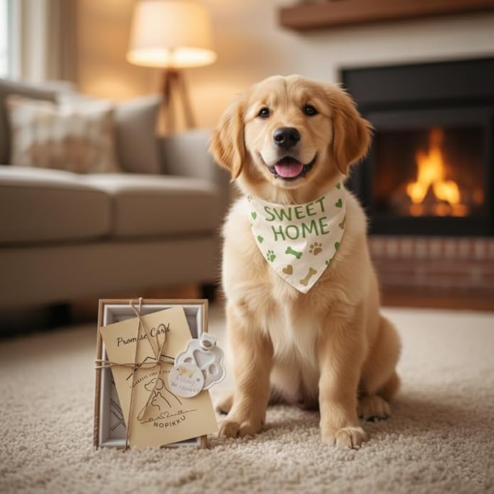 Sweet Home Pet Welcome Gift Box for New Dog Owners, Keepsake Set with Bandana, Paw Print Name Tag, Promise Card & Photo Frame, Thoughtful Gift for Puppy Adoption