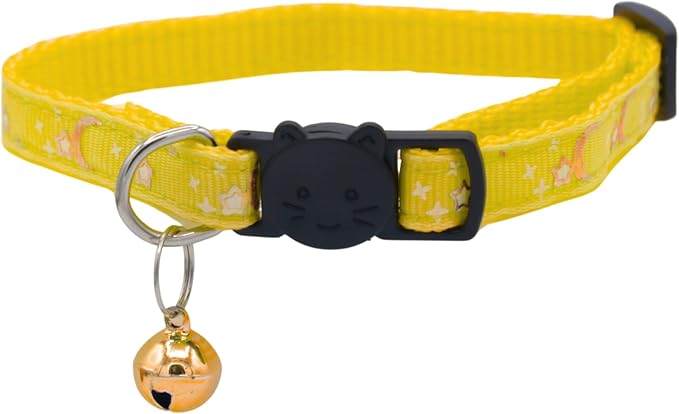 Set of 2: KioKatt Celestial Nylon Cat Collars with Matching Bells – Adjustable Breakaway Safety Collars for Adult Cats, 7–11" (Yellow + Soft Blue)