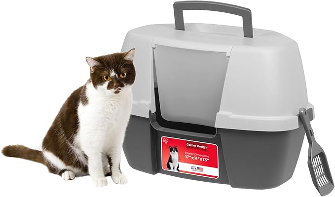 IRIS USA Corner Cat Litter Box Enclosure with Scoop, Small Cat Litter Box with Lid, Corner Litter Box Enclosure for Kittens to Medium Sized Cats, Odor Defensive Hooded Litter Tray, Dark Gray