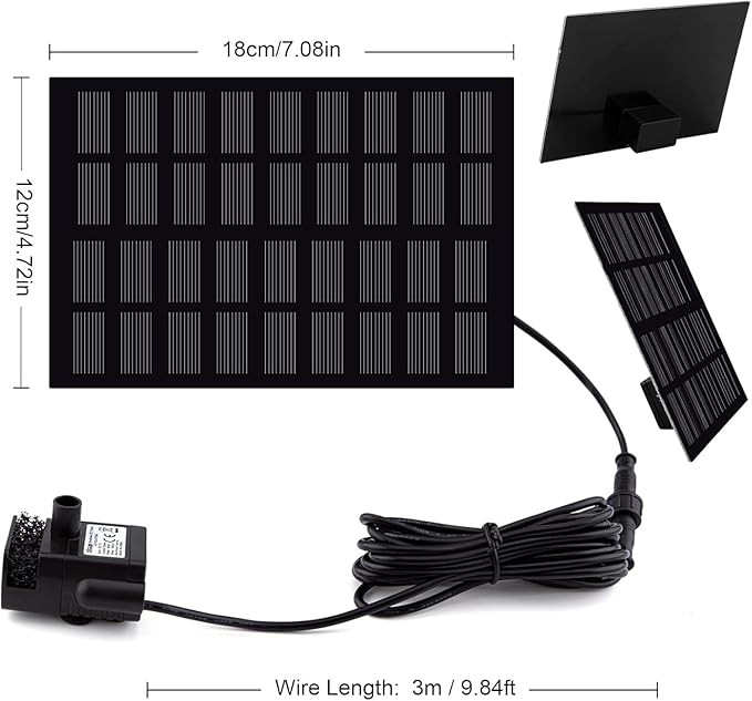 Solar Fountain Pump for Bird Bath, with Separate Solar Panel, 2 W Upgraded Solar Water Pump with 3 M Long Cable & 4 Nozzles for Bird Bath, Outdoor Pond, Patio Garden and Fish Tank (Black)