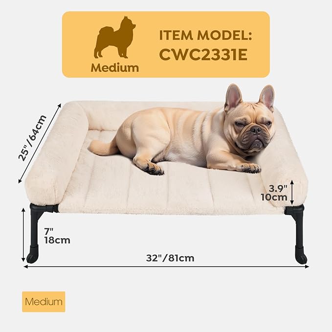 Veehoo Orthopedic Elevated Dog Bed with Fluffy Plush Bolster Cushion, Indoor Raised Dog Beds for Large Dogs, Soft Pet Sofa Cot with Removable Washable Mat, No-Slip Feet, 32 x 25 inches, Cream White